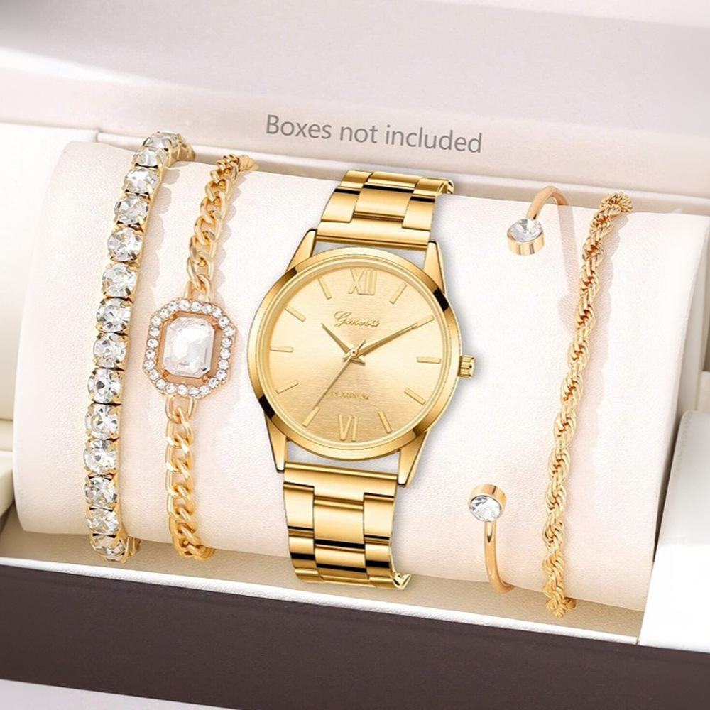 Ventas transfronterizas calientes oro reloj de cara romana pulsera damas 4 piezas conjunto de reloj de cuarzo de acero reloj de aleación de alta calidad image 7