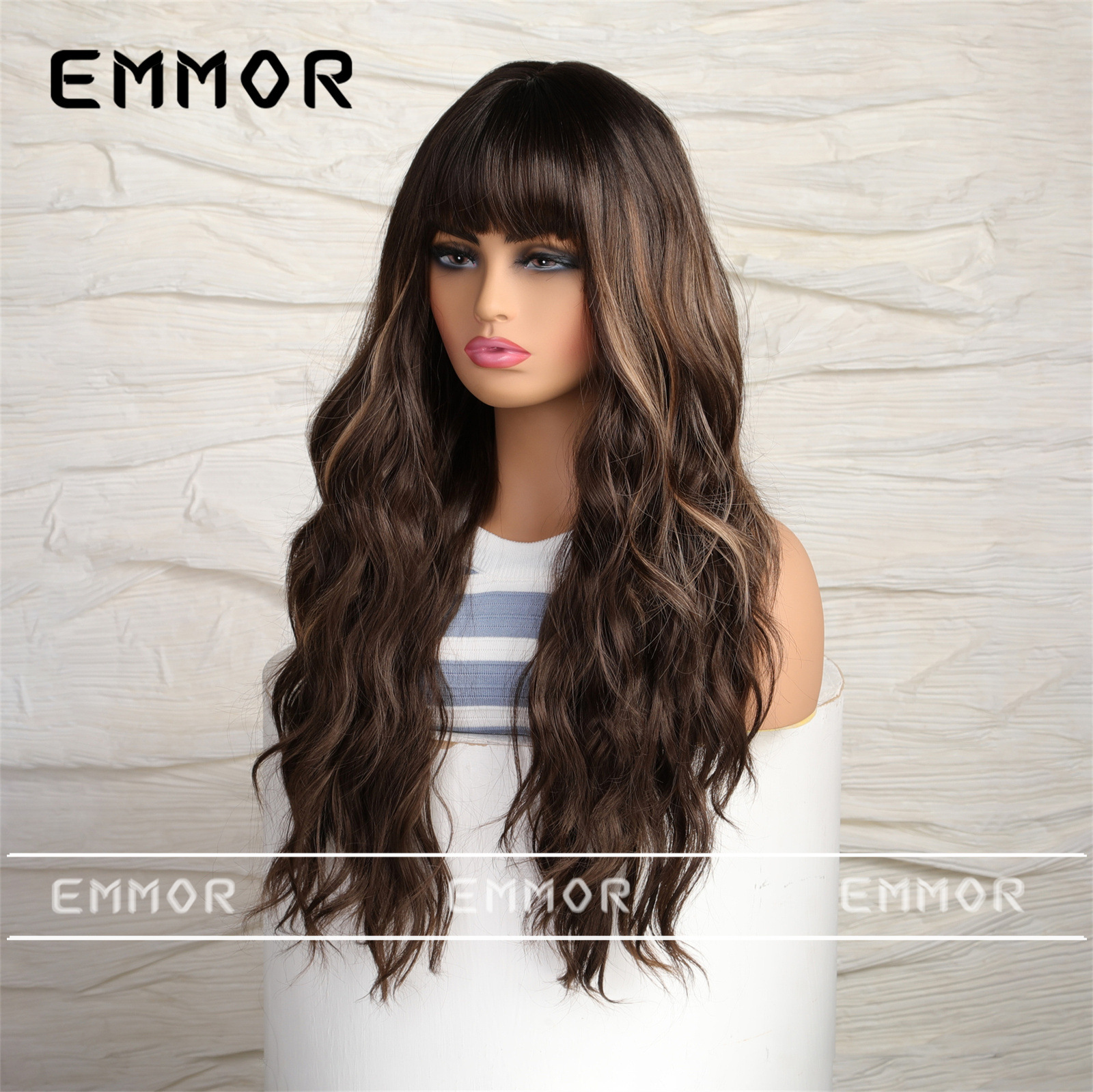 2024 nuevo comercio exterior resalte marrón recto Bangs onda grande Pelo Rizado largo europeo y americano peluca pelo completo tipo de pelo