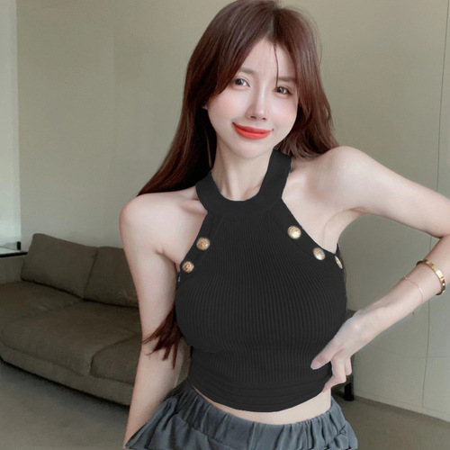 Knitted Halter Neck Camisole Women's  Summer Blue Thin Slim Sexy Outer Wear Bottoming Shirt Trendy Top