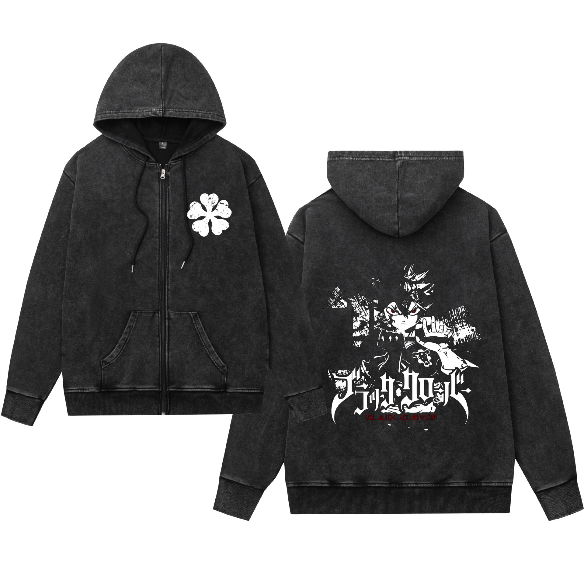 Comercio exterior lavado y desgastado suéter retro con capucha cremallera trébol de cuatro hojas negro estampado hombres y mujeres