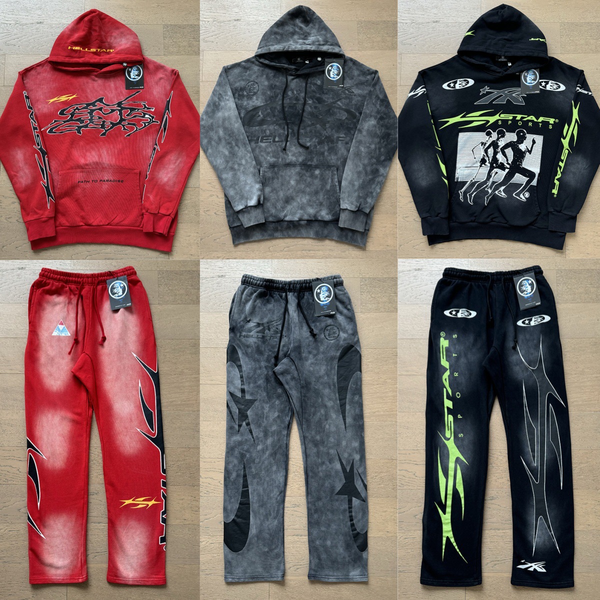 Hellstar, a trendy American streetwear retro sweatpants and hoodie set featuring a distressed, terry cloth finish.