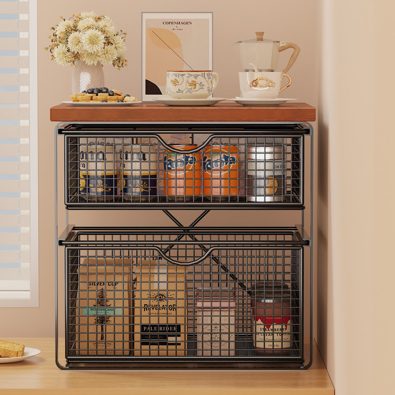 Desktop storage rack, sideboard cabinet, coffee machine elevated stand, countertop pull-out ceramic cup organizer, tea bag storage rack
