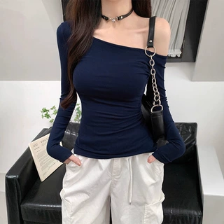 斜肩褶皱长袖T恤女甜美早秋新款辣妹掐腰修身显瘦一字肩别致上衣