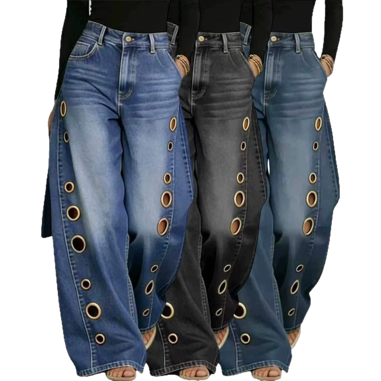 LD2814 Women's Straight Leg Jeans Whiskered Wash Loose Fit Curved Eyelet New Export_mkmklike.com