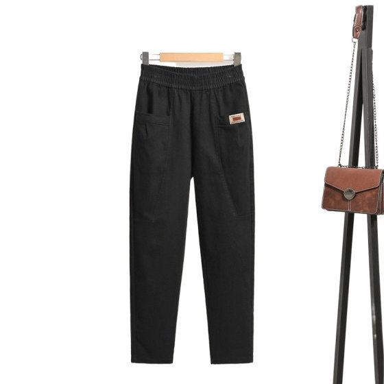 Summer thin cotton and linen women's pants white elastic waist deep high waist middle-aged and elderly mother harem pants pants spring and autumn