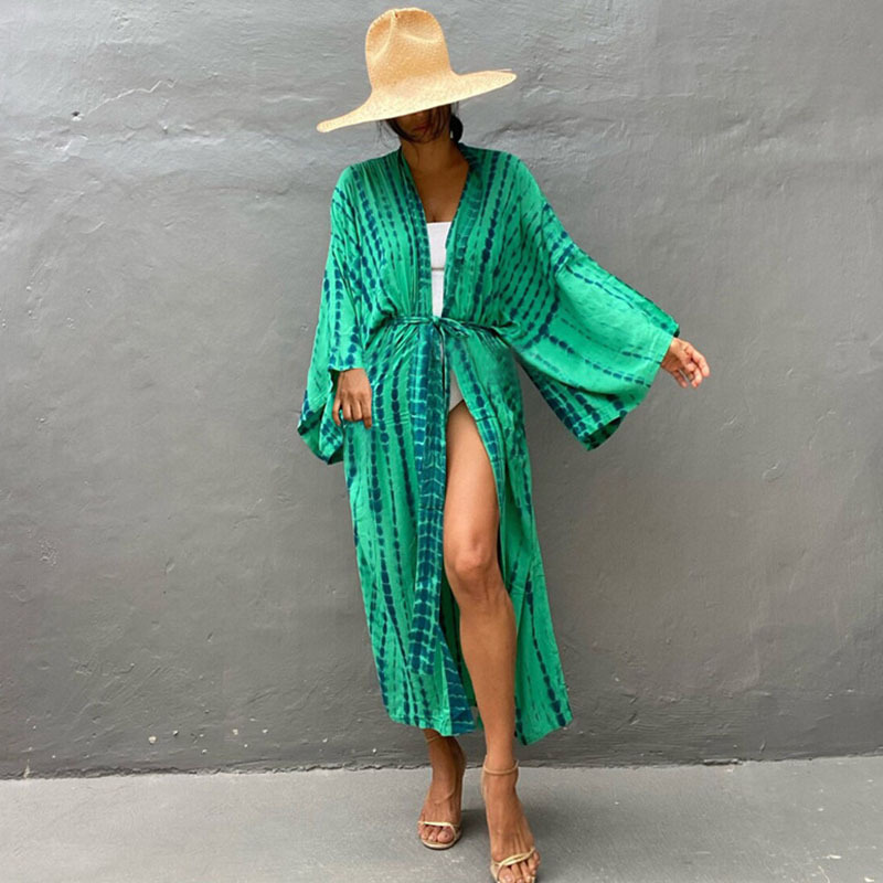 European And American Rayon Water Print Beach Cover up Sexy Loose Cardigan Swimsuit Bikini for Women_ecoleips.com
