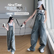 女童新款背带裤中大童复古宽松蝴蝶结烫钻水洗牛仔连体长裤背心潮