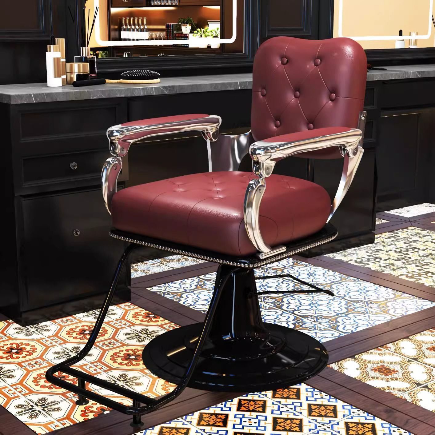 Fabricantes transfronterizos silla de peluquería retro silla de peluquería tiñida con pedal de pie silla giratoria de peluquería antigua multicolor