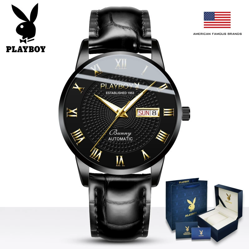 Часы Playboy, механические часы, швейцарские часы, мужские часы, полностью автоматические, натуральная кожа
