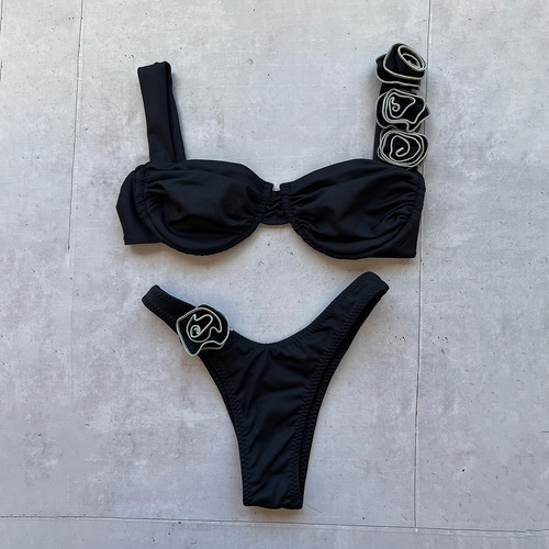 new bikini European and American bikini solid color cross-border underwire three-dimensional flower split women's swimsuit swimsuit