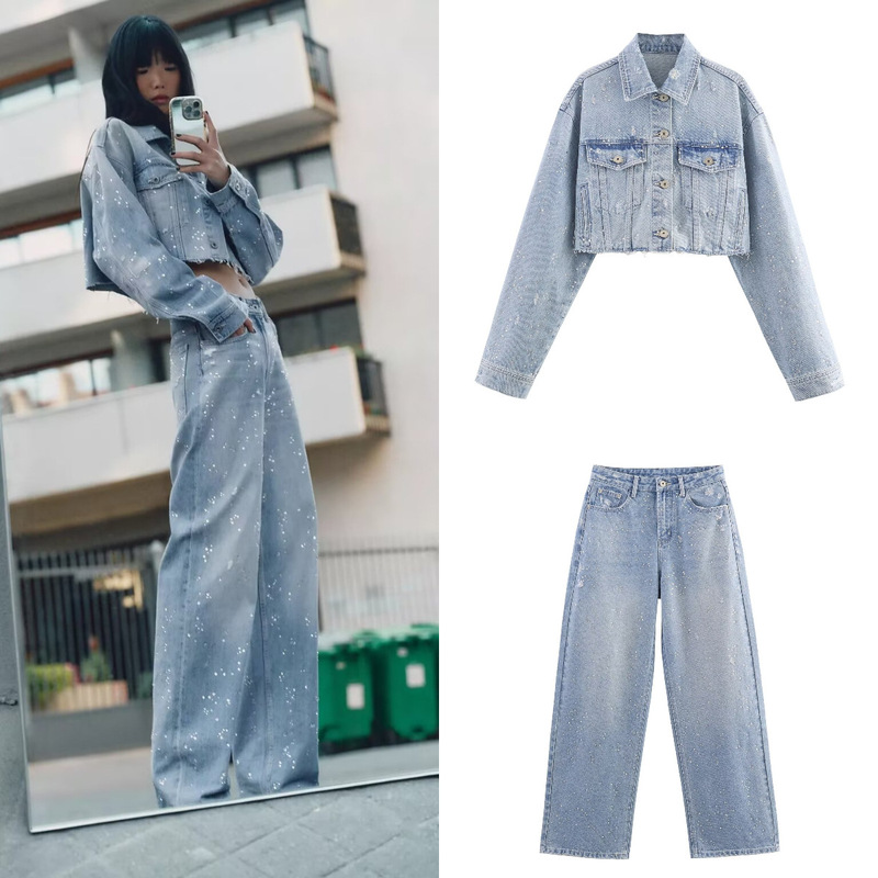 European and American Cross-Border Ready-Made Women's Clothing Set Rhinestone Decorated Denim Jacket + Rhinestone High-Waisted Straight Jeans