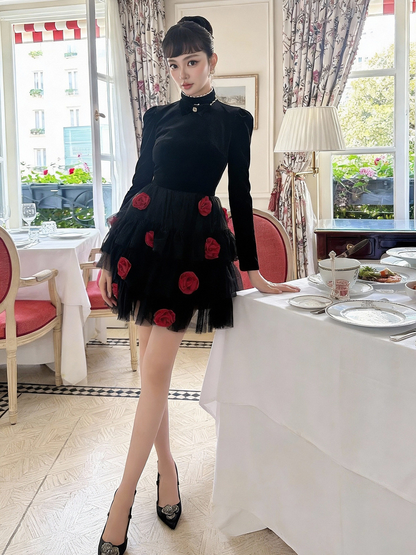 Đầm suông midi cổ tròn thắt eo ren hoa lưới xòe bồng — đen