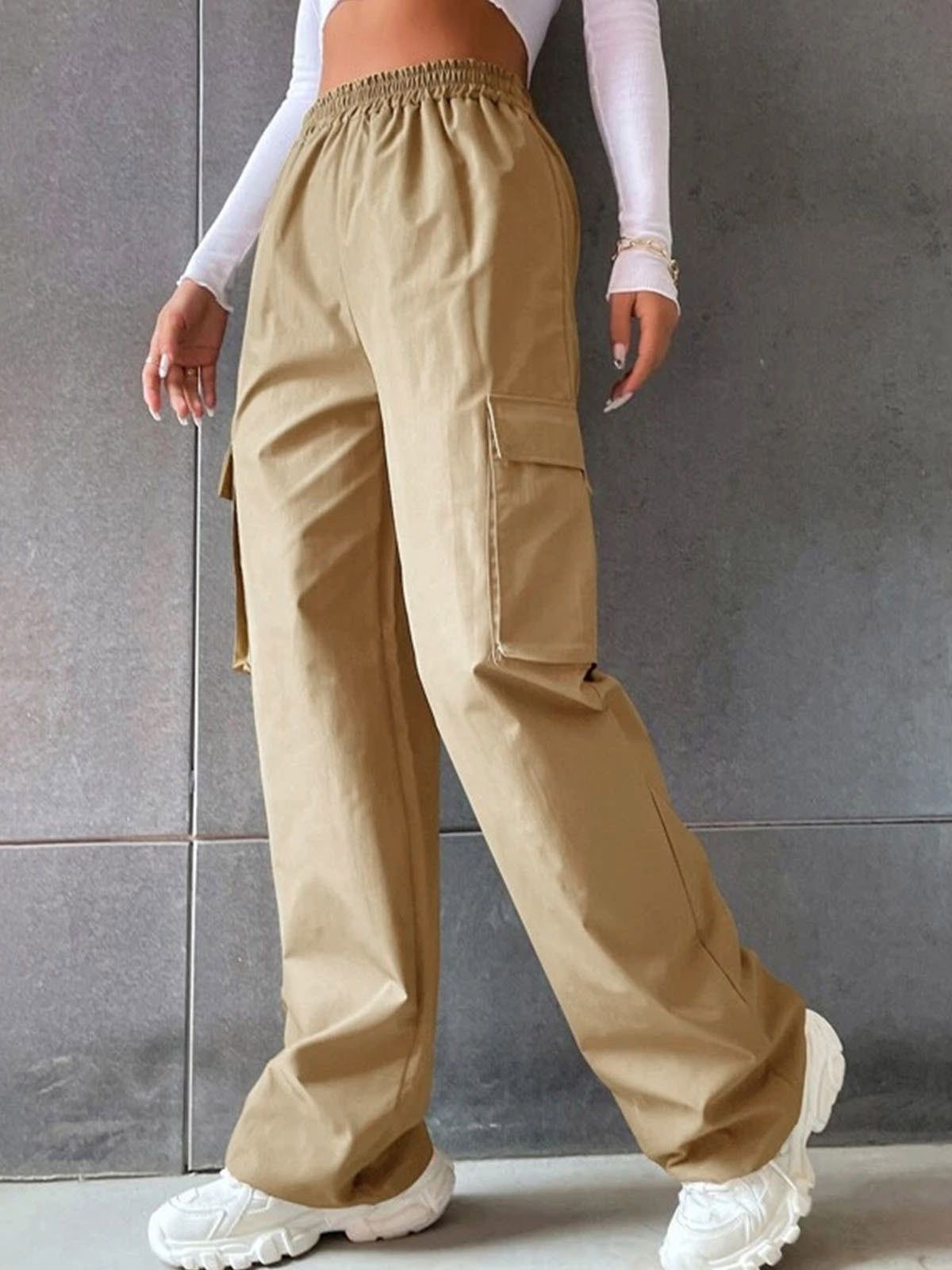 Pantalones de pierna ancha de talle alto sin cinturón, de pierna recta, holgados, elegantes para ir al trabajo, pantalones casuales, estilo de talle alto.