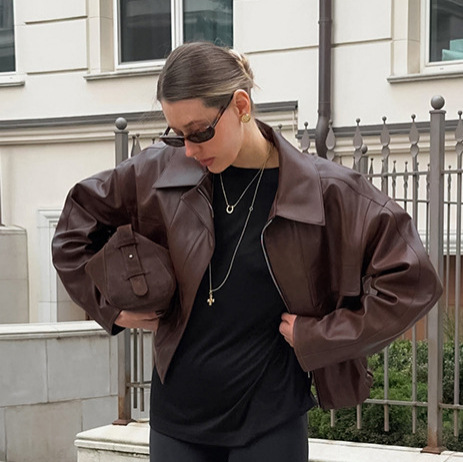 American retro biker-style leather jacket for women, with a high-end design, versatile and trendy, loose-fitting short bomber jacket American retro biker-style leather jacket for women, with a high-end design, versatile and trendy, loose-fitting short bomber jacket