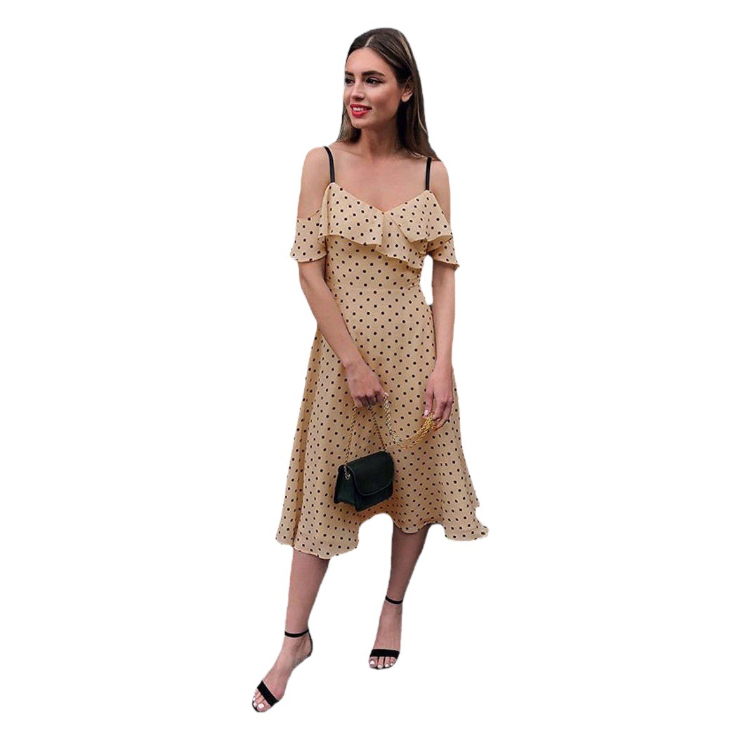 Europa y América primavera y el verano de Comercio Exterior Nuevo Amazon sexy V-cuello vestido de deslizamiento Delgado Polka Dot MIDI vestido