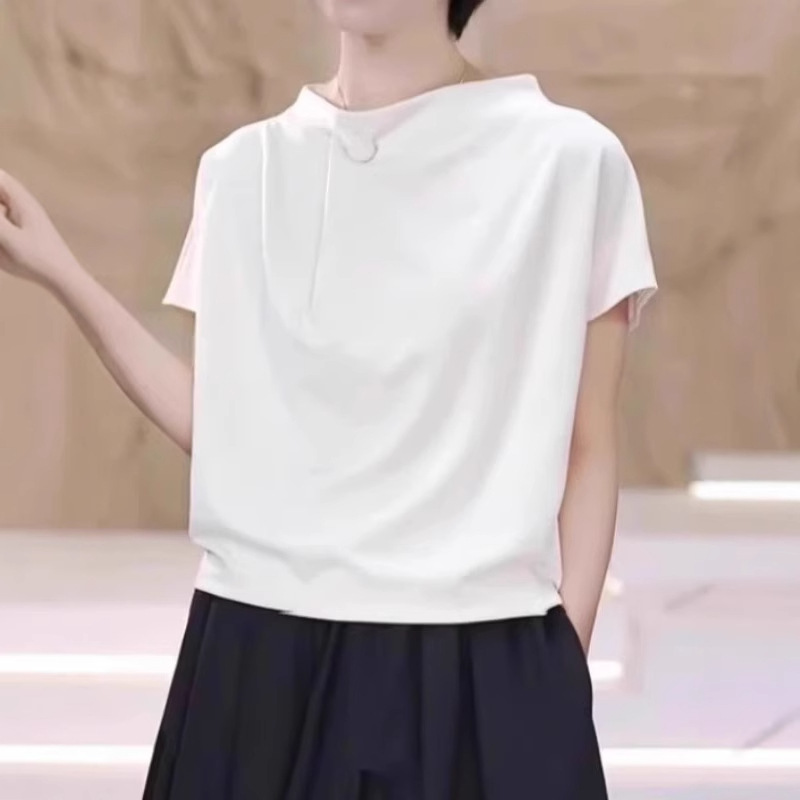 여름 대형 캐주얼 루즈 연령 감소 티셔츠 2025 새로운 가벼운 디자인 솔리드 컬러 반팔 셔츠 A4625