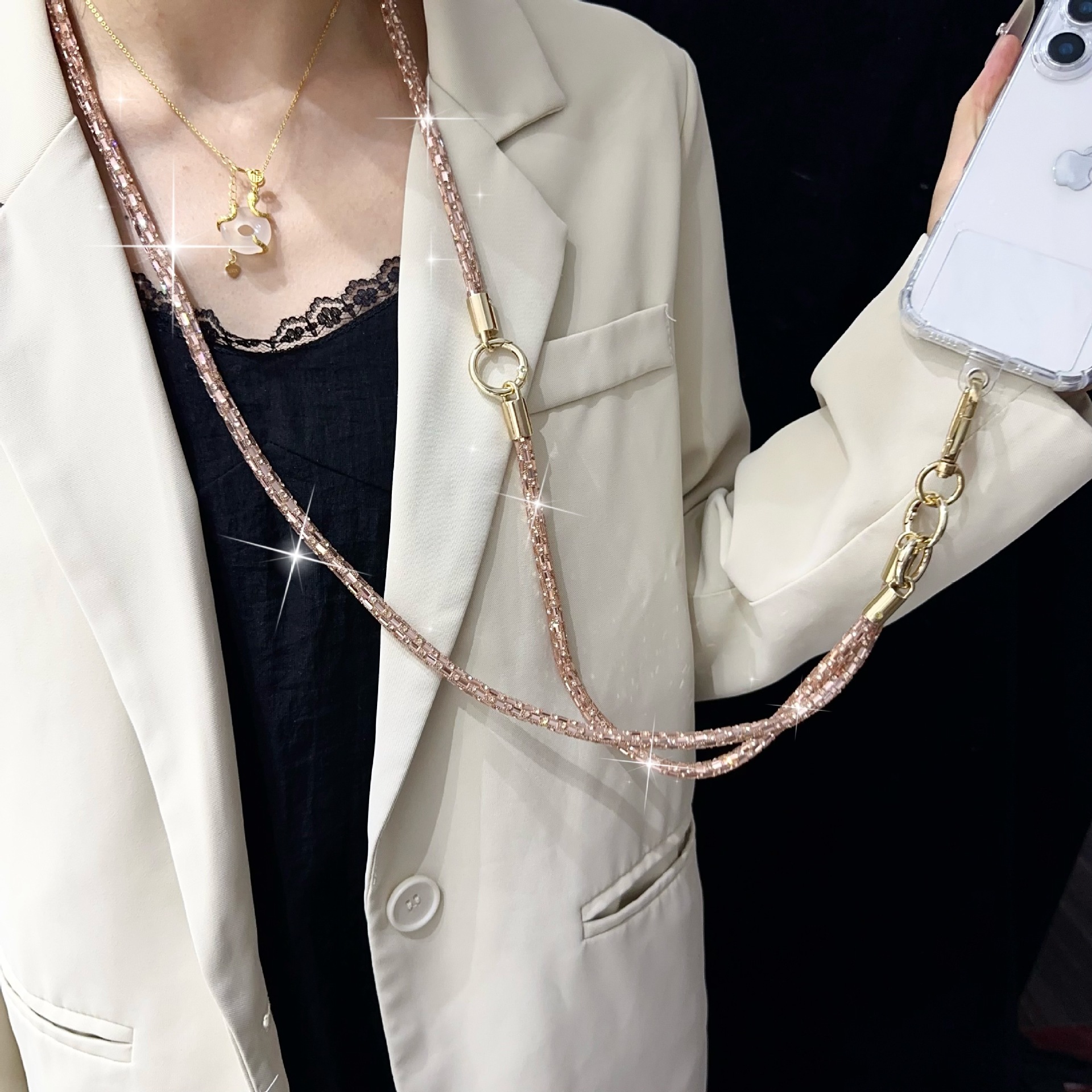 0.7 Cadena de mensajero tres en uno de tira larga de cristal, cordón creativo para teléfono móvil multiusos, joyería de pulsera de diamantes flash de alta calidad, nuevo