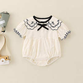 韩版女宝宝夏季衣服短袖连体衣娃娃脸蝴蝶结三角包屁哈衣公主爬服