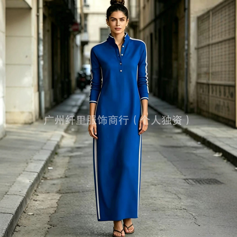 2026 Cross-Border Foreign Trade Aliexpress New Style Women's Simple Button Collar Long-Sleeved Long Dress
