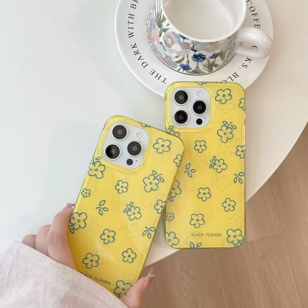 Flores de línea amarilla fresca de verano para iPhone15 Apple 16ProMax funda para teléfono móvil 14 mujeres 13 nuevo