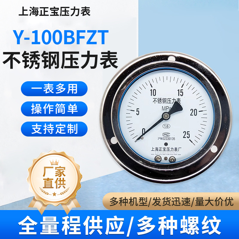 上海正宝Y-100BFZT全304不锈钢面板式安装轴向带裙边防锈蚀耐高温