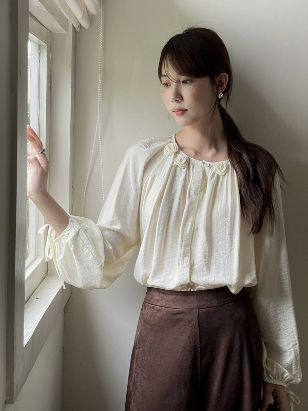 【松黎茶语】歌铭法式复古立体花朵长袖衬衣女秋季通勤上衣N454C|undefined