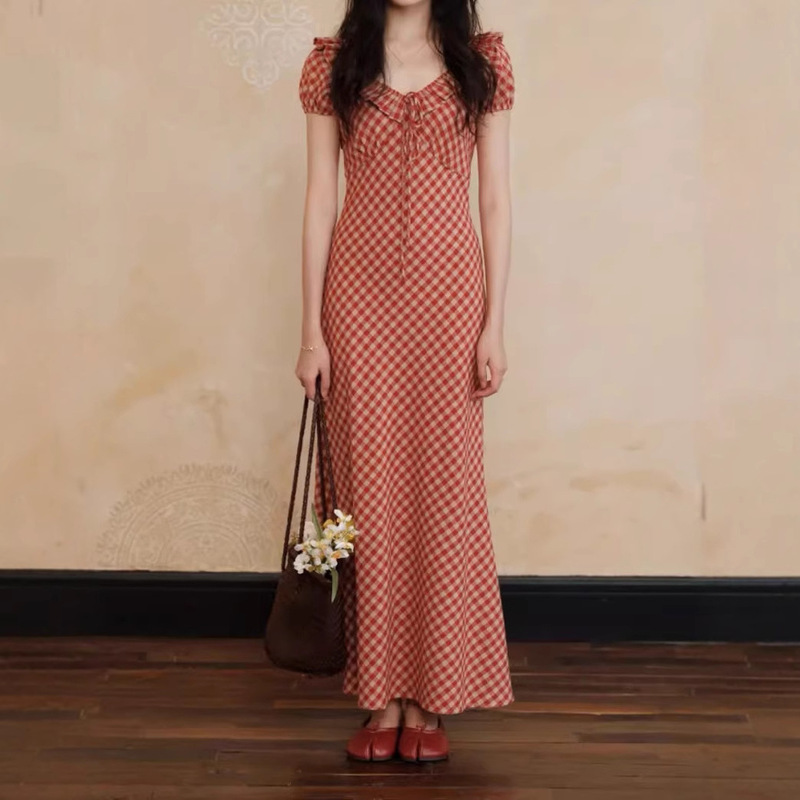 Tyang Nuoyang [You Lufang] National Style New Chinoiserie Bias Cut Lotus Leaf Cotton and Linen Plaid Dress Women's New Summer Style