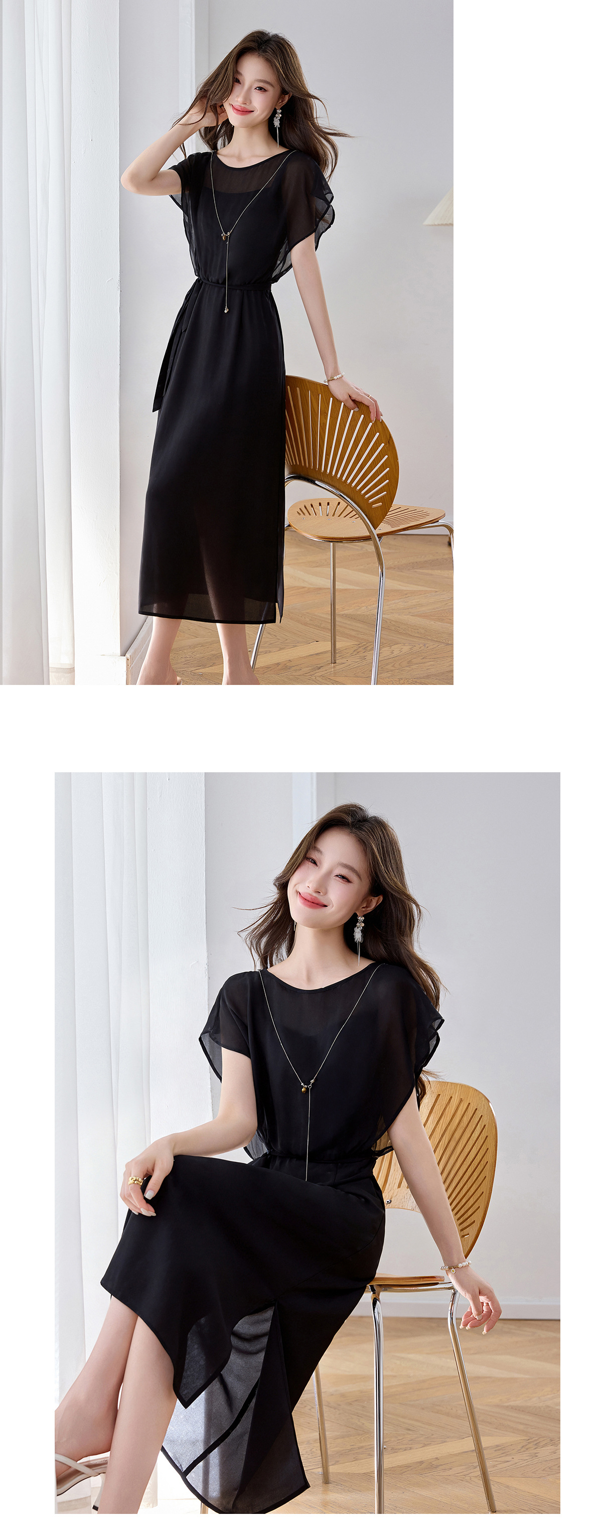 Đầm maxi nữ thắt eo thiết kế tân cổ điển cao cấp — màu đen, Chấm tròn chi tiết 20