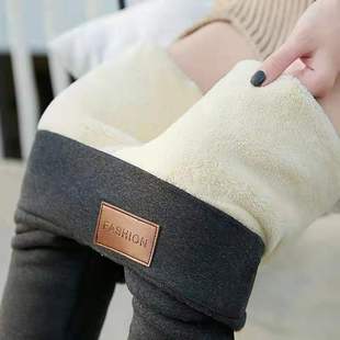 Autumn and Winter cross-border special fleece-lined thick leggings kitten brown leather label lambswool women's high waist tight warm pants