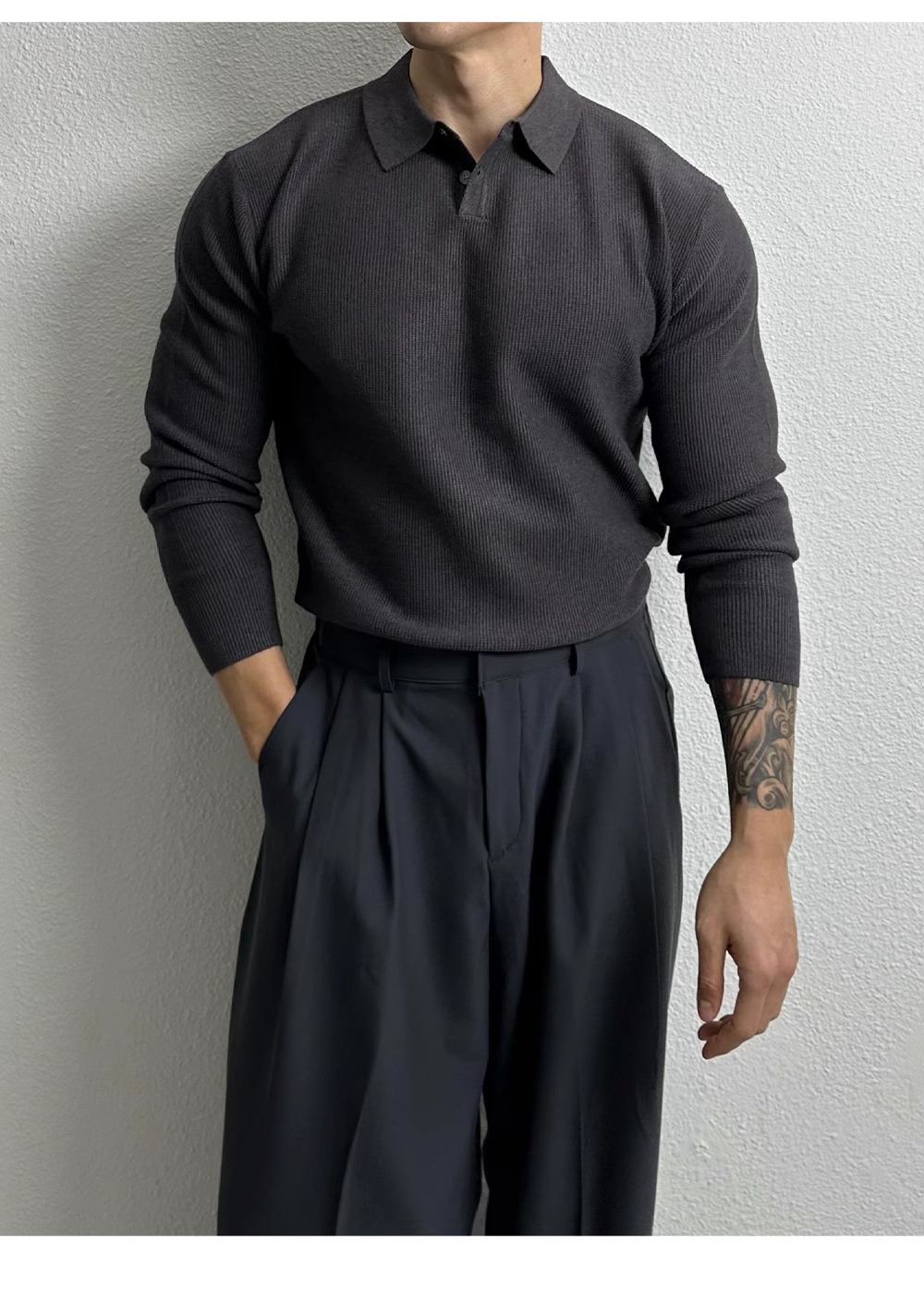 Oversized Polo Knit Sweater For Men – Business Casual Long Sleeve Pullover, Plus Size European Fit (Black/Beige/Gray)_viptrois.com