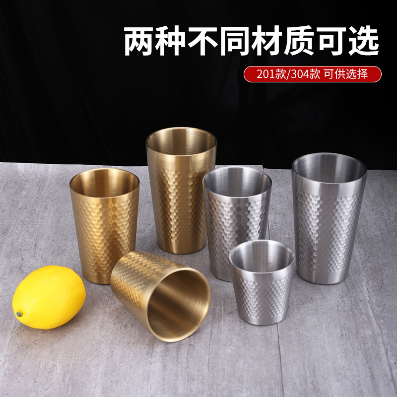 Wholesale 304 stainless steel thickened hammer pattern cup Korean double-layer beer coffee juice drink cup restaurant barbecue shop