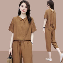 春夏季韩版胖妹妹大码女装时尚短袖两件套棉麻七分裤套装外贸批发