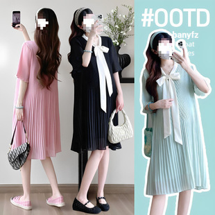 K4H Real Shot Maternity Dress 2025 Summer New Chiffon Ribbon Bow Foldableing Maternity Skirt