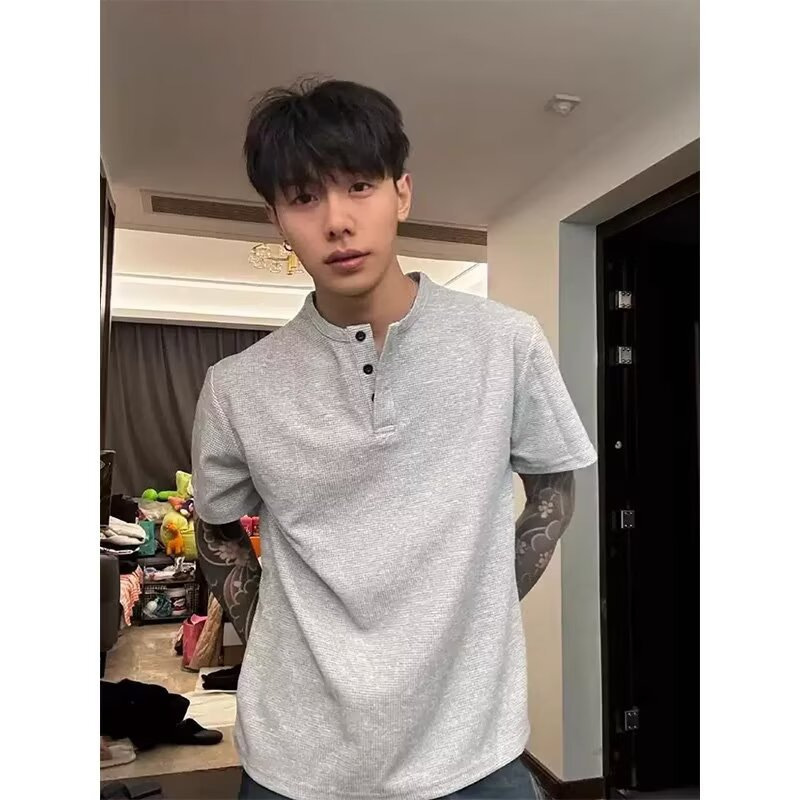 Waffle Knit Henley Collar Short-Sleeve T-Shirt for Men, Summer American Style Trendy Brand, High-End Feel, Solid Color, Loose Casual Half-Sleeve Top