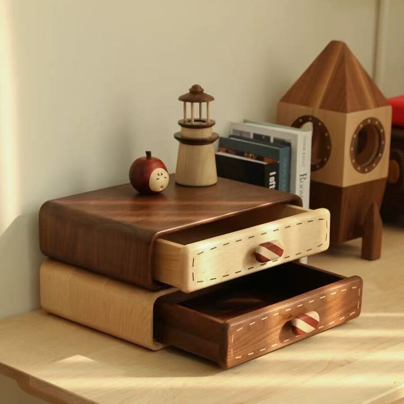 Desktop Double-Layer Solid Wood Entrance Drawer Storage Box Household Ring Jewelry Storage Box Walnut Color Large Capacity Storage