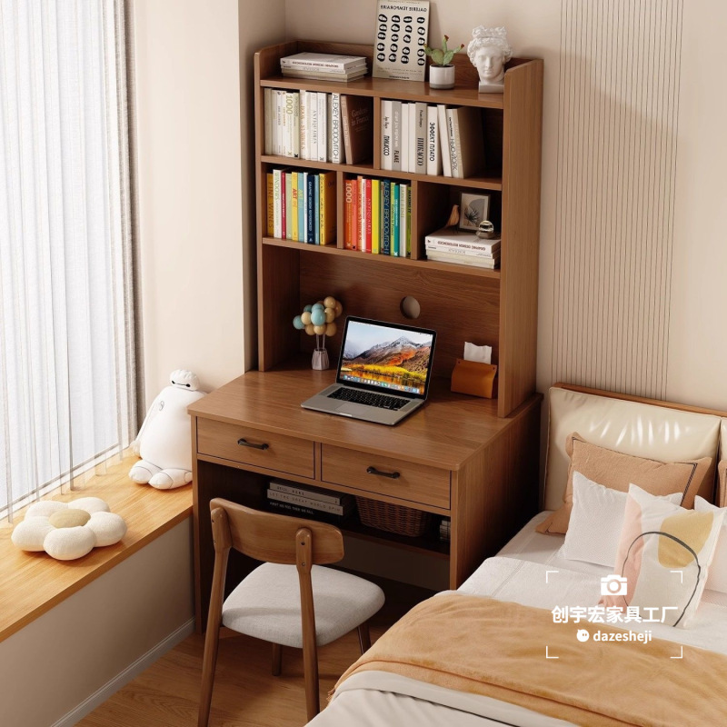 Small Apartment Desk with Integrated Bookshelf, Student Writing Desk, Simple Desktop Computer Desk, New Vintage-Style Office Desk