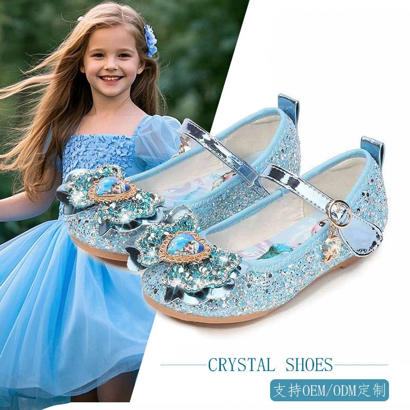 Кожаные туфли для девочек в корейском стиле, летние новинки 2025 года, с кристаллами, на мягкой подошве, в стиле принцессы из Frozen
