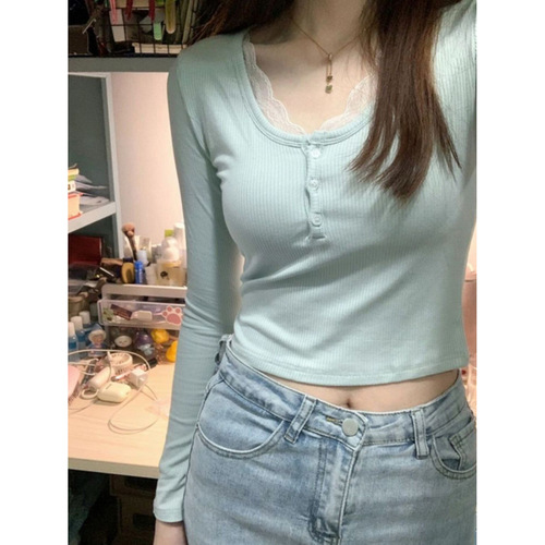 Lace ribbed long-sleeved women's T-shirt autumn winter stylish base shirt innerwear pure desire short-sleeved top