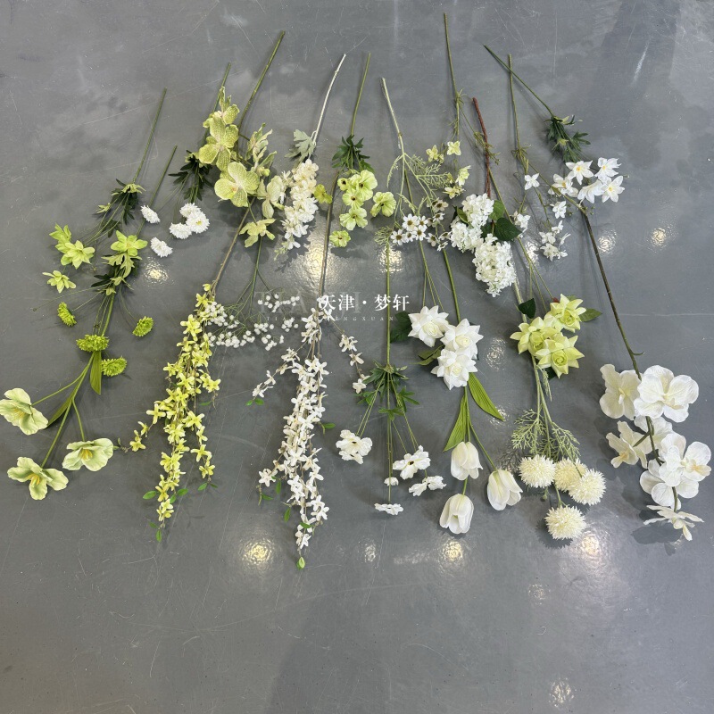 White and Green Wedding Flower Collection, Forest Style, Fresh White and Green Artificial Flowers, Wedding Hall Color Flower Arrangements, Fake Flowers
