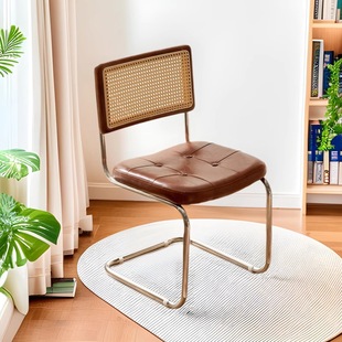 Vintage Internet Celebrity Dining Table and Chairs, Natural Wood Style with Backrest, Rattan Chair, French Retro Home Dining Chair, Balcony Leisure Metal Chair