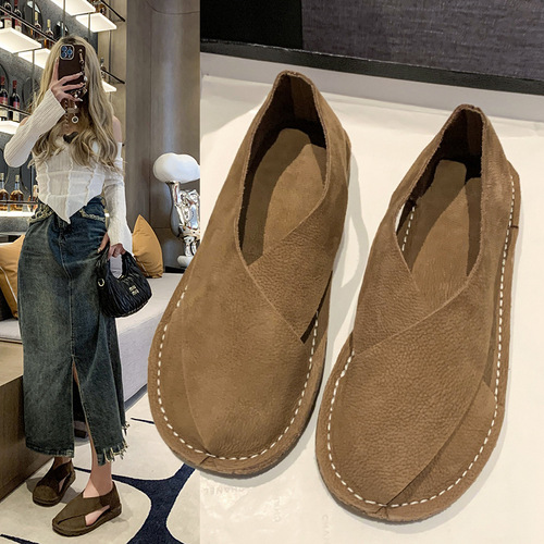 Summer Soft Leather Women's Round Toe Slip-On Roman Fisherman Sandals Women's Retro Sandals Plus Size