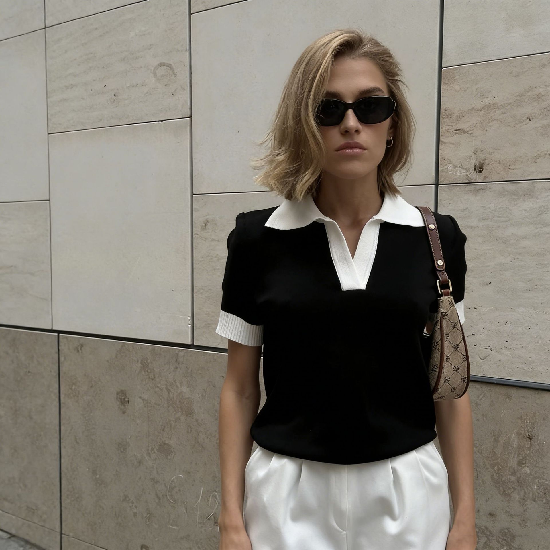 Women's Knitted Cropped Top Color Block Lapel Short-Sleeved Summer Elegant Commuter_voghion.com