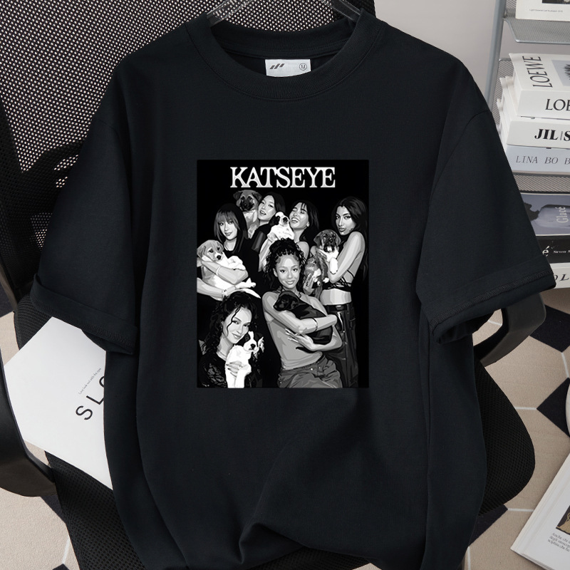 Katseye K-Pop Girl Group Retro Printed T-Shirt Loose Top 260g High-Quality Pure Cotton Short-Sleeved 60123-3 Katseye K-Pop Girl Group Retro Printed T-Shirt Loose Top 260g High-Quality Pure Cotton Short-Sleeved 60123-3