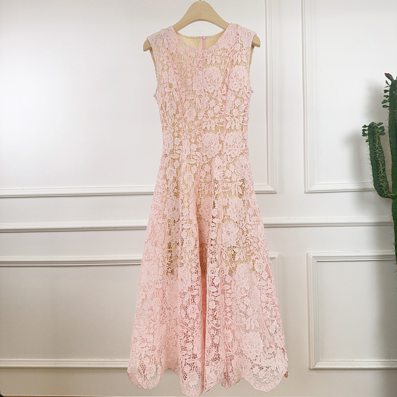 2026 New Style Gentle Style Three-Dimensional Floral Lace Sleeveless Dress Round Neck Waist-Cinching Large Hem Elegant Long Dress 2026 New Style Gentle Style Three-Dimensional Floral Lace Sleeveless Dress Round Neck Waist-Cinching Large Hem Elegant Long Dress
