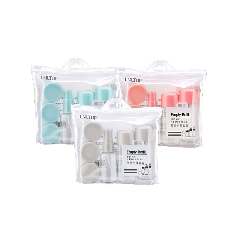 Ramila maquillaje de viaje botella vacía conjunto de 8 piezas sub-botella de spray caja de crema facial con bolsa de almacenamiento LA1077