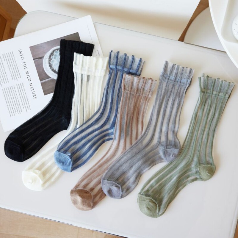 Summer Thin Vertical Striped Glass Silk Socks, Crystal Silk Breathable Mid-Tube Socks, Japanese Style Ins Trendy Versatile Long Socks, Breathable