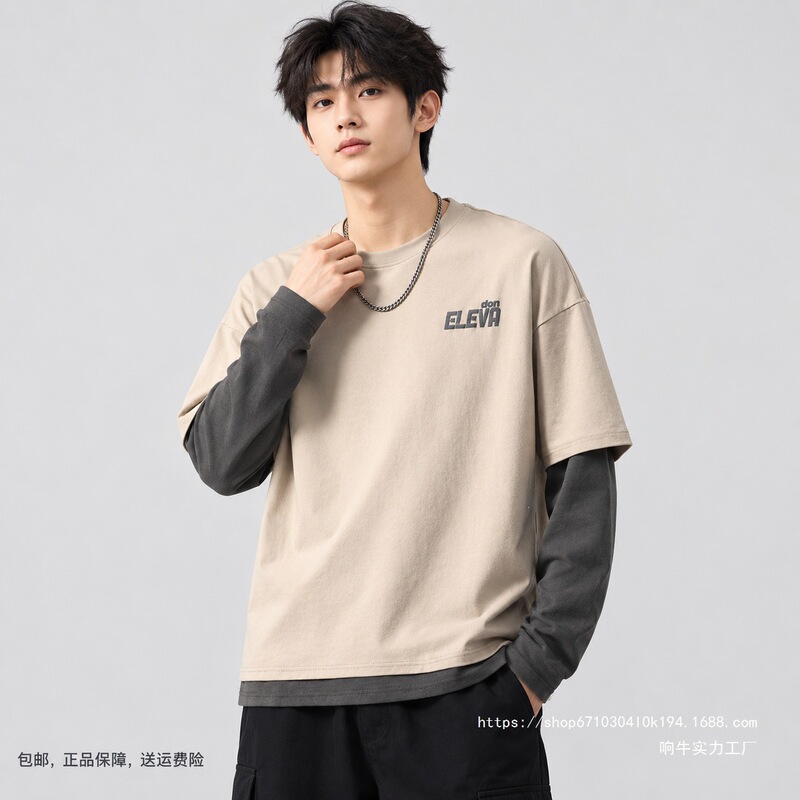 Men's plus-size, oversized, two-piece style long-sleeve T-shirt, American casual patchwork design, suitable for autumn and winter Men's plus-size, oversized, two-piece style long-sleeve T-shirt, American casual patchwork design, suitable for autumn and winter