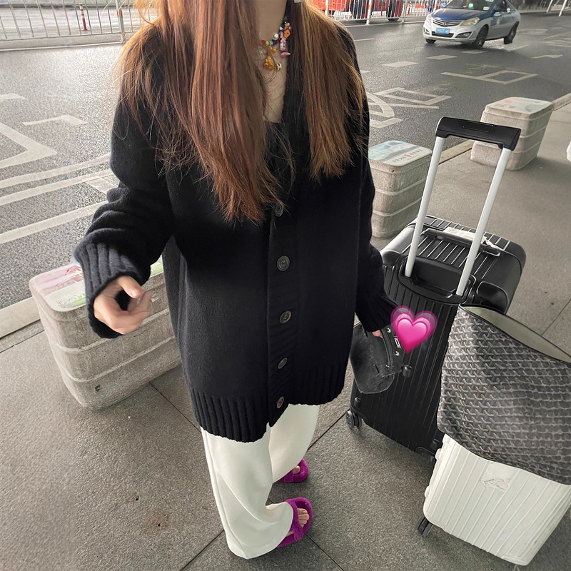 Ew One-Piece Black Sweater Wool Thick Knitted Cardigan V-Neck Lazy Sweater Jacket