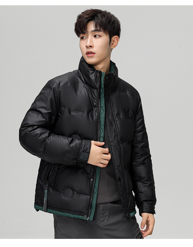 Men's winter stand up collar jacket, youth fashion versatile color blocked Korean version slim fit lightweight white_voghion.com