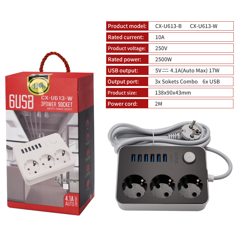 Rusos de estilo europeo European European Standard Two Round 6USB Black Plug Socket Multifunctional comercio exterior comercio electrónico